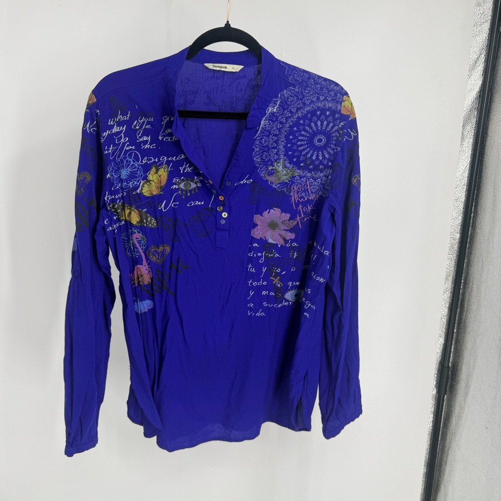 Desigual Blue Graphic Print Script Butterfly Henley Blouse XL 18SWBW76 Bold Top